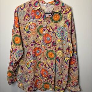 Colorful Paisley Men's Shirt Size large button down 35% linen